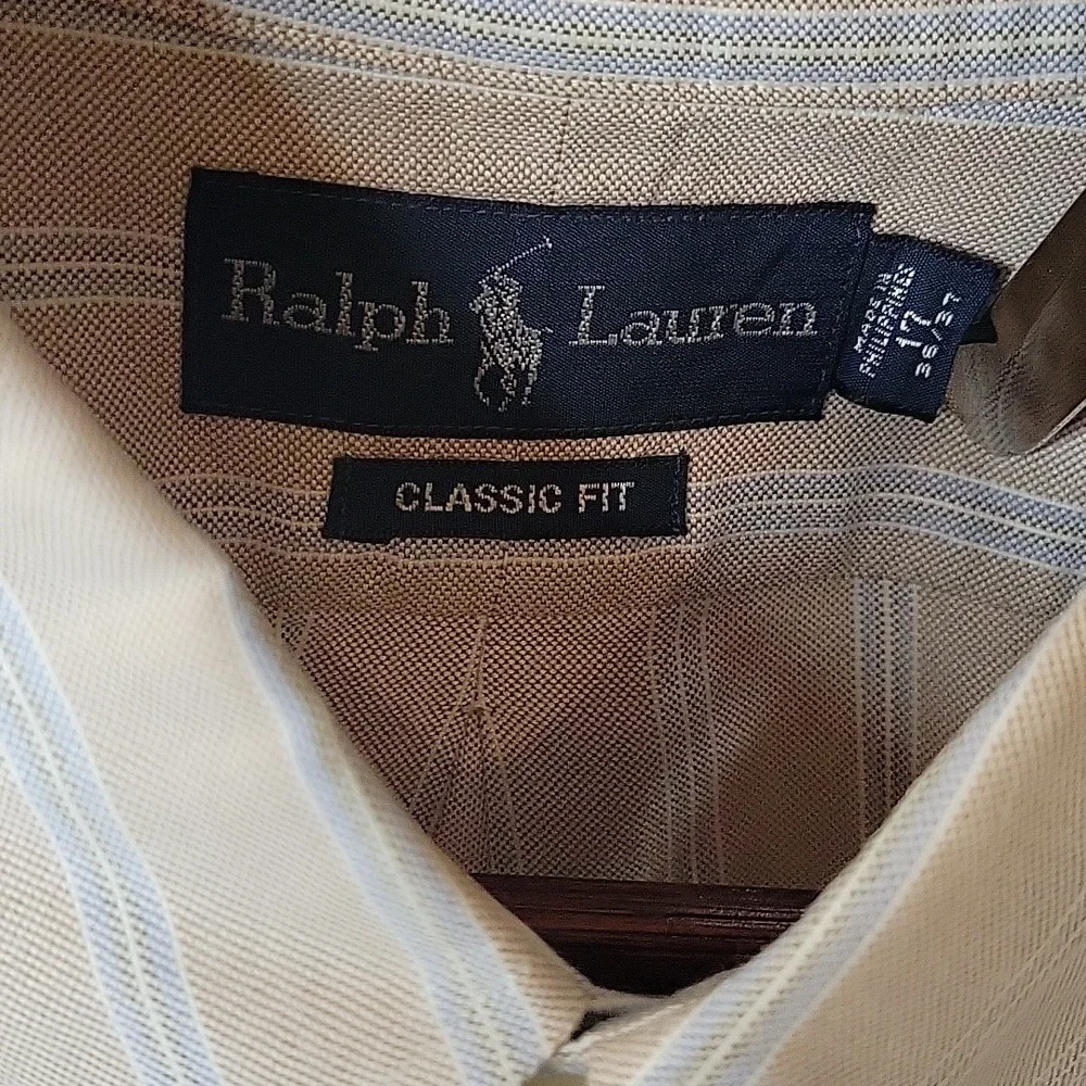 Polo Ralph Lauren Classic Fit Button‎ Down L/S Cream/Lt. Blue Shirt, 17-6/7